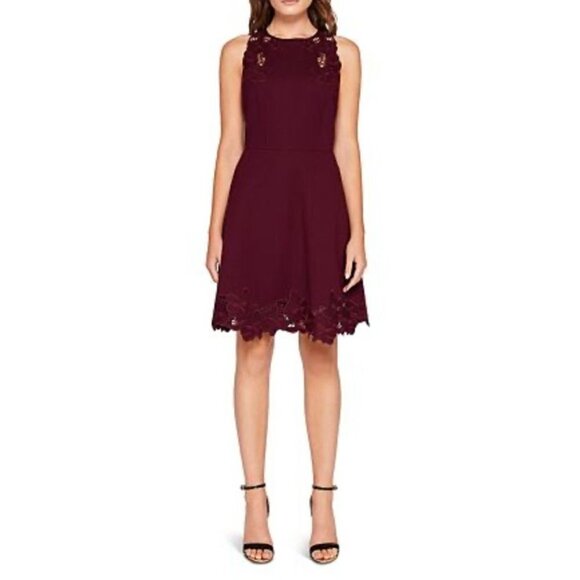 NWT Ted Baker London Emmona Embroidered Skater Dress Maroon Size 3/US8 MSRP $295 - Picture 1 of 12
